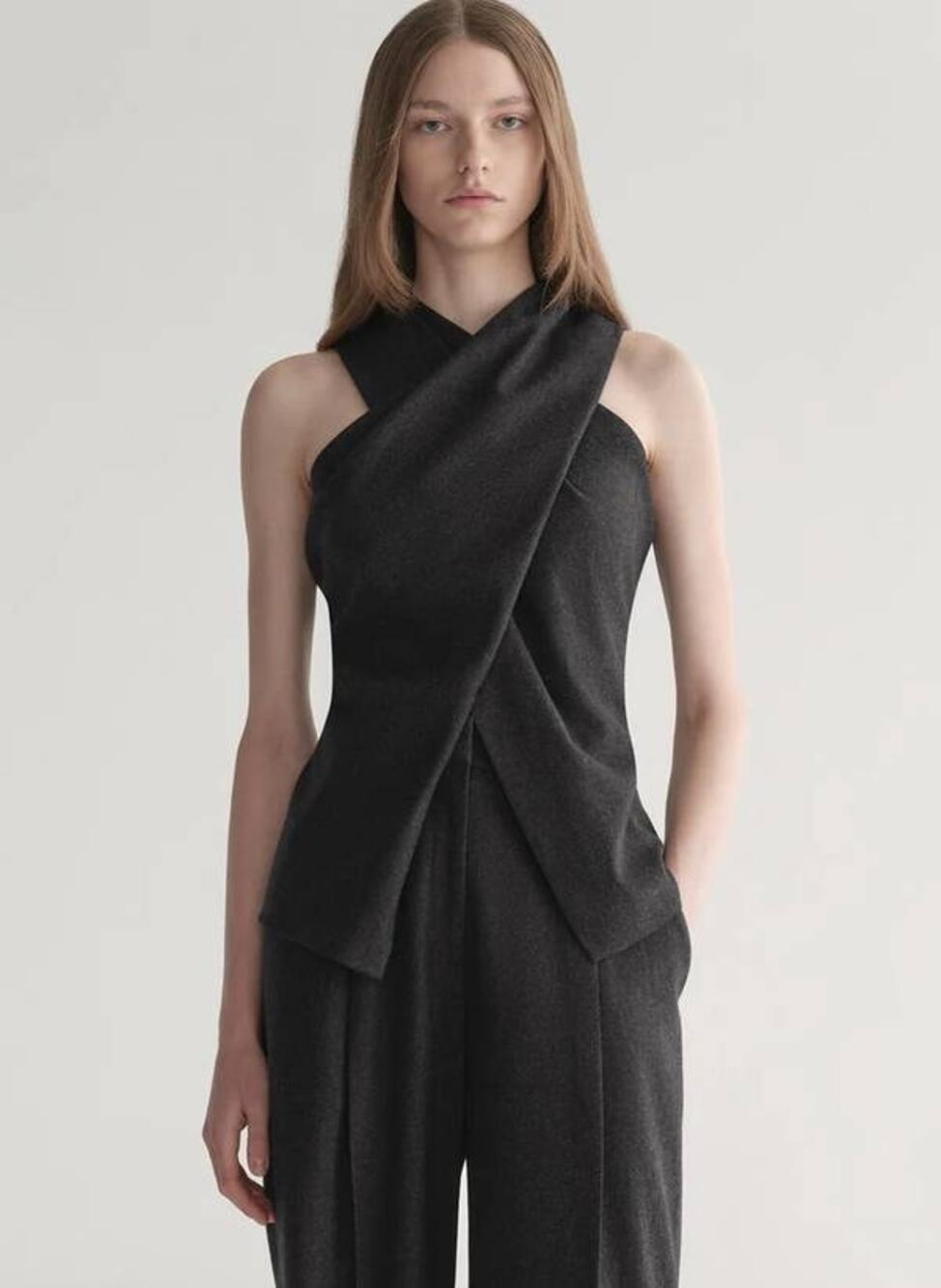 ALC Tess Wool Cashmere Cross Front Top in Charcoal 8